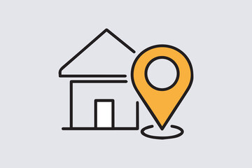 Real estate navigation concept, house symbol with a location pin beside vector art 