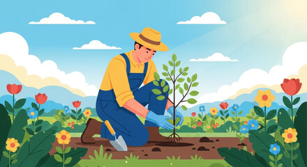 Gardener Planting Seedling – Gardening and Farming Vector Illustration
