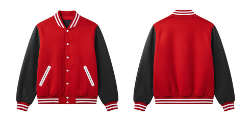 Red and Black Varsity Baseball Jacket Front and Back View on White Background