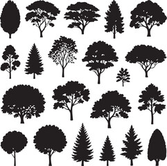 Collection of diverse tree silhouettes, many shapes and types