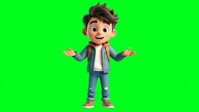 A cheerful animated boy character standing confidently with a backpack against a vibrant green background