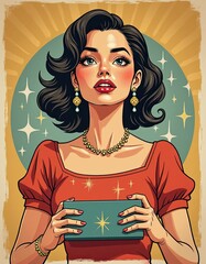 A woman with a proud smile placed hand typography sparkle with box into her vintage geometric design scheme.