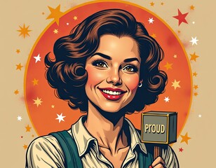 A vintage woman smiled proudly as she arranged her hand typography sparkle with box following a geometric scheme of signs.