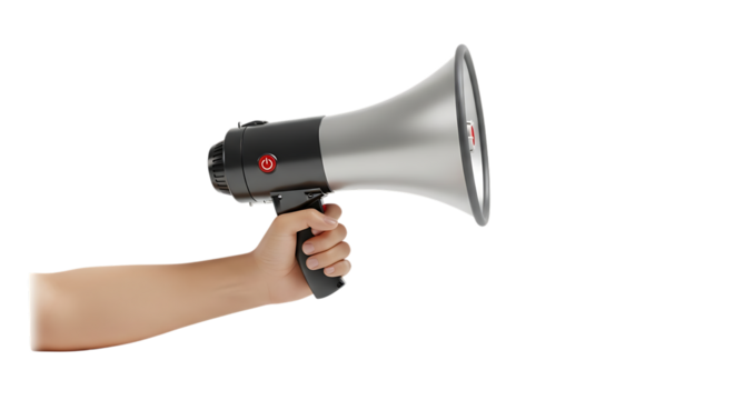 Hand holding megaphone isolated on transparent background, public address loudspeaker for communication and broadcasting, announcement concept
