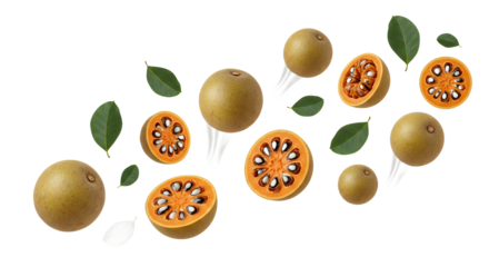 Dynamic display of fresh sapodilla fruits, featuring whole and halved pieces revealing their sweet orange pulp, beautifully arranged with vibrant green leaves on a crisp white background