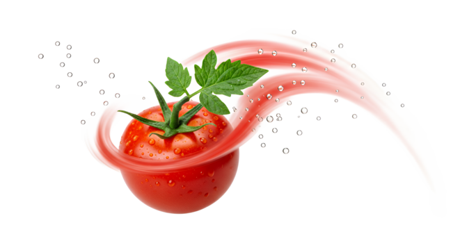 Fresh tomato with a leafy green stem and water droplets, surrounded by dynamic red swooshes, conveying freshness and vitality