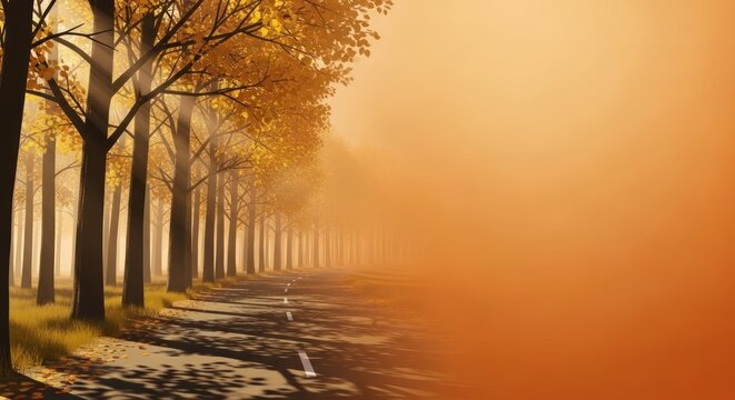 Scenic autumn road with golden leaves and sunbeams creating an inviting atmosphere - Powered by Adobe