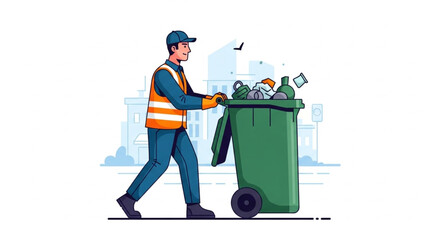 Street Cleaning Worker Moving Garbage Bin – Environmental Care Illustration