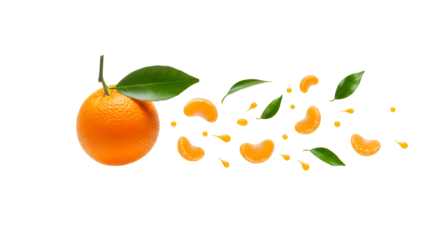 Fresh citrus fruit with segmented pieces and green leaves flying away, creating a dynamic visual