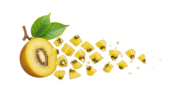 Golden Kiwi Fruit Slices and Leaves Isolated on White Background