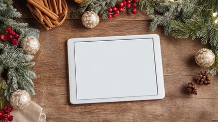 A blank tablet mockup surrounded by festive decorations. Pine branches, cinnamon sticks, and snowflakes create a cozy holiday atmosphere.