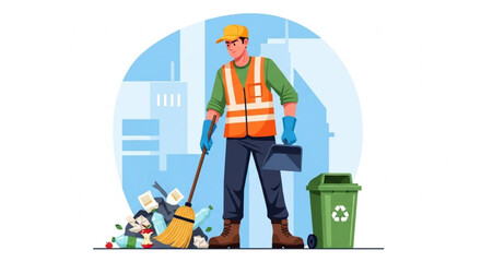 Sanitation Worker Pushing Trash Bin – Waste Management Vector