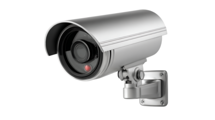 Silver Security Camera with Transparent Background Surveillance Device Perspective View Shiny Metal Exterior Mounting Bracket and Lens Detail Isolated Digital Illustration, PNG