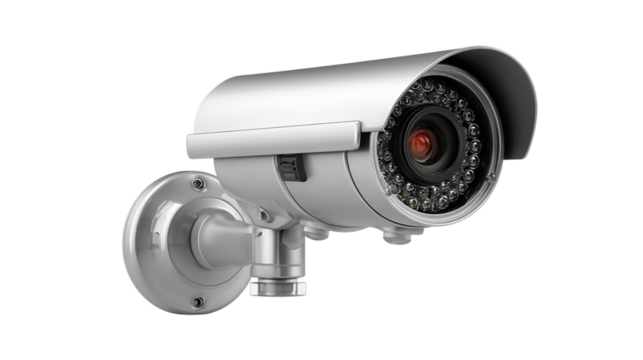 Silver Security Camera Isolated on Transparent Background Studio Shot, PNG