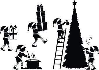 Santa's Helpers Carrying Gifts, Decorating a Christmas Tree, Stirring a Cauldron, and Announcing with a Megaphone.