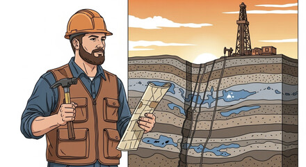 Oil Exploration and Drilling Process with Engineer – Flat Design