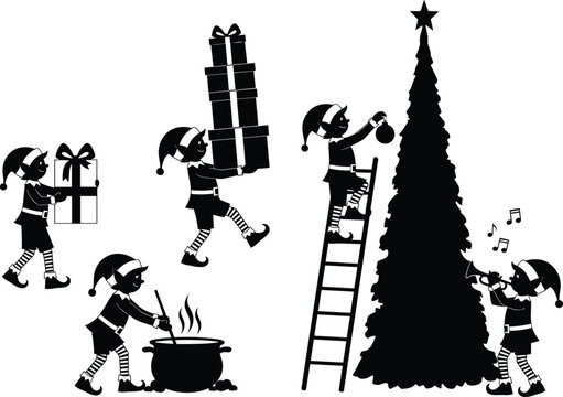 Santa's Helpers Carrying Gifts, Decorating a Christmas Tree, Stirring a Cauldron, and Announcing with a Megaphone.