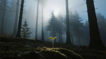 A young plant growing in a misty forest with sunlight filtering through tall trees