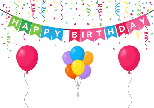 Colorful Happy Birthday Celebration with Balloons Confetti and Pennant Banner - Powered by Adobe