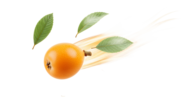 Loquat fruit flying with green leaves, a vibrant and dynamic composition