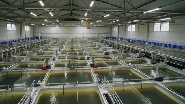 A large indoor aquaculture facility with numerous rectangular tanks for fish farming, showcasing modern aquaculture practices.