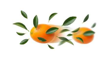Fresh Oranges in Motion with Green Leaves on White Background