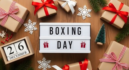 Boxing day concept with gift box, calendar and christmas ornament on wood