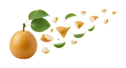 Juicy Asian Pear Composition with Slices and Green Leaves on White