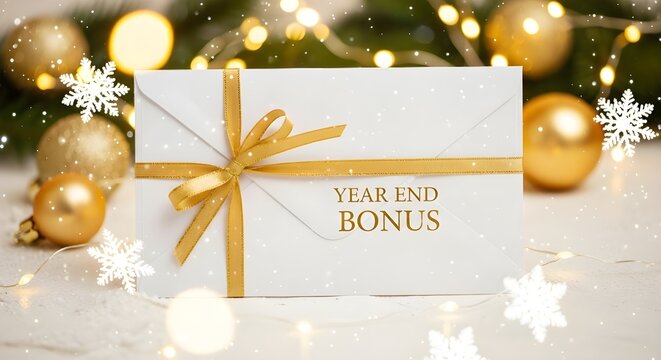 Year end bonus gift card with golden ribbon and decoration on white table