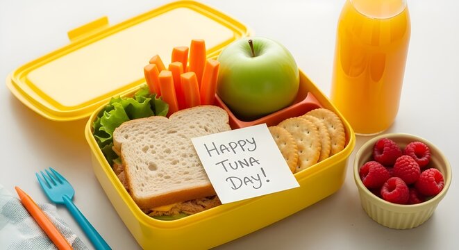 Healthy school lunch box with sandwich, apple, carrots isolated on white background