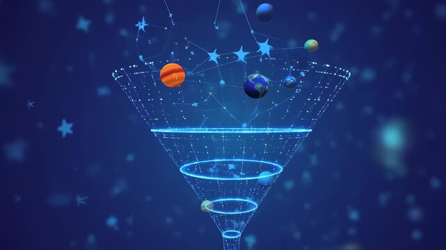 A digital blue funnel featuring planets, stars, and constellations, illustrating a scientific process - Powered by Adobe