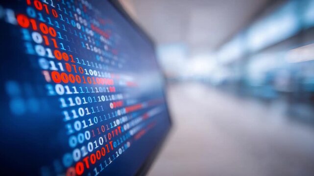 Digital Code Flow: A close-up shot of a computer monitor displays a vibrant stream of binary code, symbolizing the intricacies of data, technology, and information