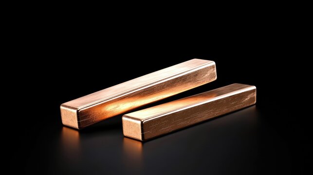 Two rectangular copper bars are positioned diagonally on a reflective black surface, with the foreground bar slightly lower and closer.