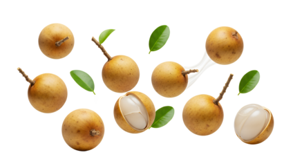 Delicious Longan Fruits with Green Leaves, Fresh and Healthy Tropical Produce Isolated