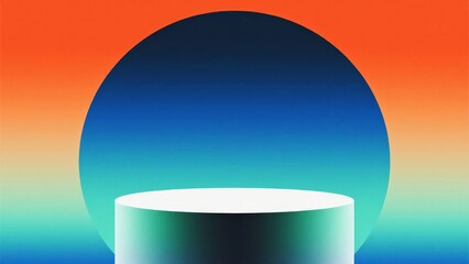 Abstract composition featuring a cylindrical pedestal in front of a large circular gradient shape against a colorful background