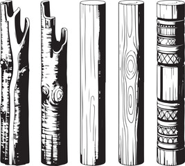 Line art set: rustic wooden logs, tree trunks and carved pole