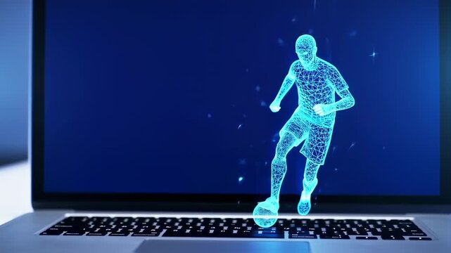 A glowing wireframe of a soccer player on a laptop screen. The image is in neon blue - Powered by Adobe