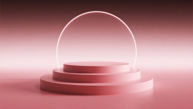 Minimalist pink podium with glowing circular halo on a gradient background - Powered by Adobe