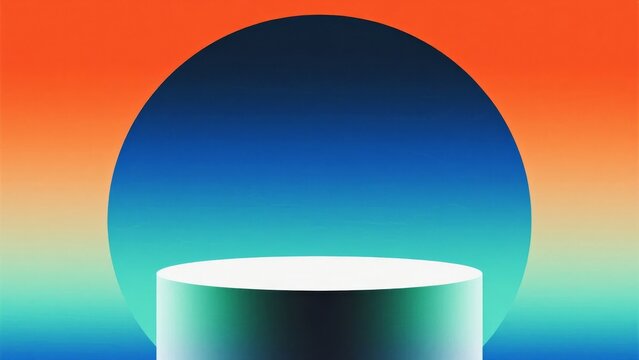 Abstract composition featuring a cylindrical pedestal in front of a large circular gradient shape against a colorful background