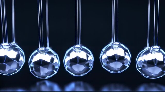 A row of faceted glass spheres, suspended from thin rods, against a dark background