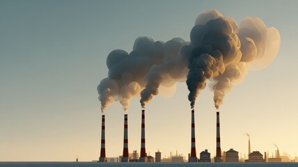 A minimalist low-poly scene of several industrial smokestacks emitting dark clouds against a clear sky, with basic factory shapes