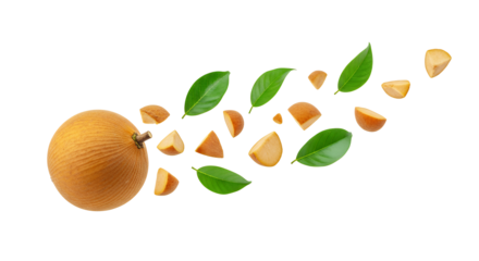 Whole and sliced santol fruit with green leaves scattered around on a white background, showcasing freshness and vibrant natural elements