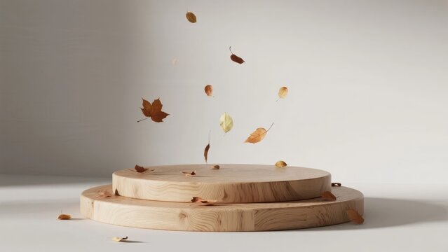 Wooden circular platforms with autumn leaves floating above on a neutral background - Powered by Adobe