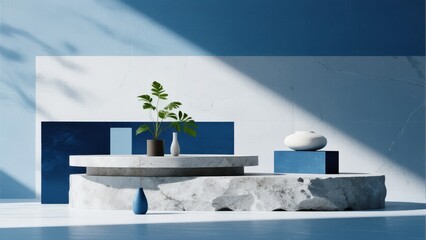 Minimalist interior scene with marble platform, potted plant, and abstract blue elements under natural light