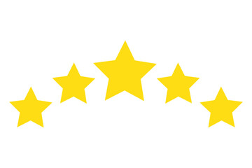 Gold star rating bar with five yellow stars. Transparent PNG for review badges, feedback ratings, score icons, and positive testimonial graphics