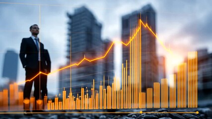 Business professionals analyzing market trends with graph overlay in urban setting at sunset - Powered by Adobe