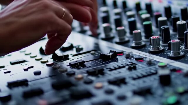 Close-up of a person's hand operating a mixing console with knobs and faders
