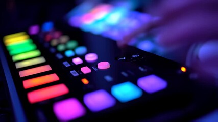 Electronic musical controller, buttons glowing in neon colours, close up with a blurred hand