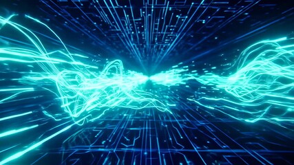 Abstract rendering of electrical currents, neon lights, digital pathways, and connected nodes against a blue backdrop - Powered by Adobe