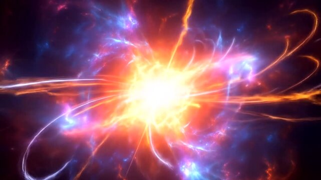 Vibrant cosmic explosion with swirling colors and energy waves in a stellar background